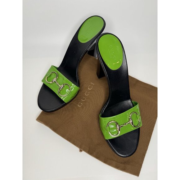 Gucci Horsebit Size 9,5/40 Green Patent Leather Heel Sandal - Picture 2 of 16